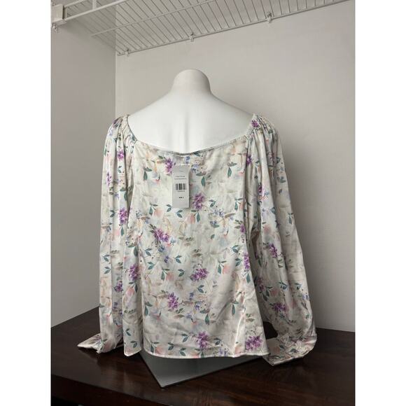 Floral Print Tie Front Blouse with Long Sleeves, Ivory 2X - Picture 6 of 8